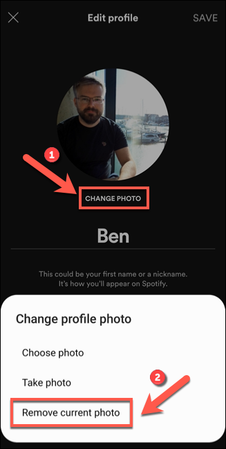 Toque su foto (o la opción "Cambiar foto"), luego toque "Eliminar foto actual" para eliminarla de su perfil.