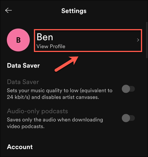 En el menú "Configuración" de la aplicación Spotify, toca la opción "Ver perfil".