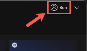En la aplicación de escritorio de Spotify, presione el nombre de su cuenta o el ícono de perfil en la esquina superior derecha.