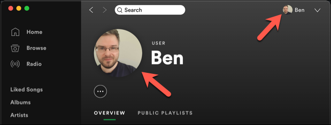 Un ejemplo de una imagen de perfil de Spotify actualizada en el cliente de escritorio de Spotify.