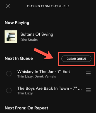Para borrar canciones agregadas manualmente de su cola de Spotify, toque la lista "Borrar cola".