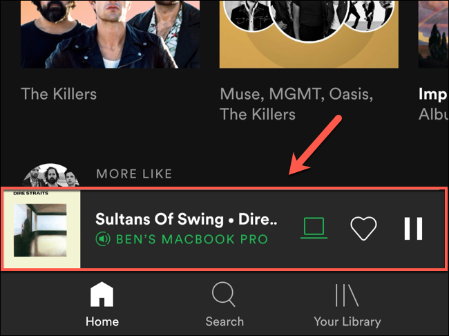 En la aplicación móvil de Spotify, toque la barra de reproducción en la parte inferior de la aplicación para ver las opciones de reproducción de música.