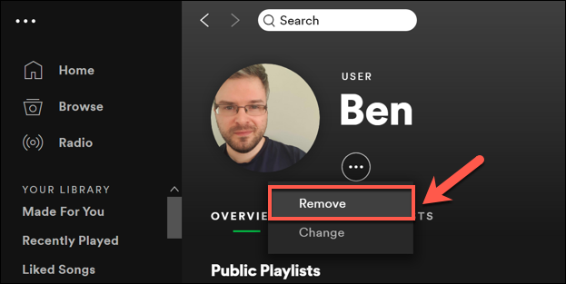 Los usuarios de Spotify en Windows pueden eliminar una imagen de perfil existente presionando Cambiar> Eliminar en el menú de perfil.