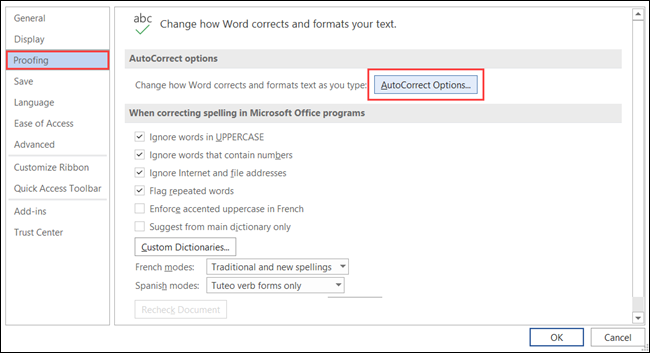 Haga clic en Opciones de corrección y autocorrección.