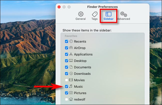 En las Preferencias del Finder, haga clic en "Barra lateral" y luego coloque una marca de verificación junto a "Música" en la lista.