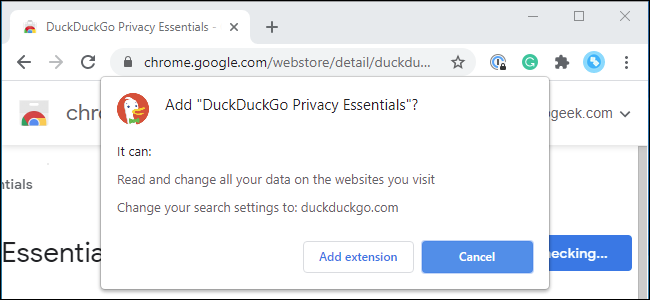 Solicitud de permiso de Chrome al instalar la extensión DuckDuckGo.