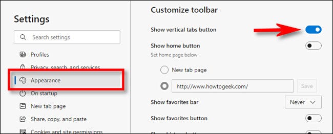 En Configuración de borde, haga clic en "Apariencia" y luego active "Mostrar botón de pestañas verticales".