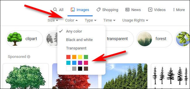 En la búsqueda de imágenes de Google, haga clic en el menú "Color" y, a continuación, seleccione un color.