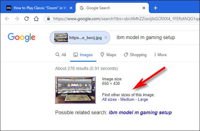 En la búsqueda de imágenes de Google, haga clic en una opción para encontrar todos los tamaños de la imagen.