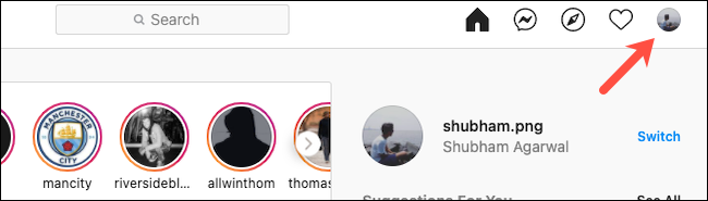 Toque el icono de perfil de perfil en el sitio web de Instagram
