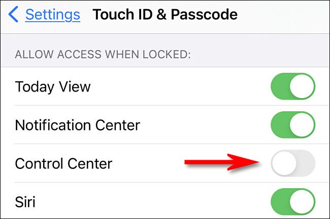 En la configuración del código de acceso, apague el interruptor junto a "Centro de control".