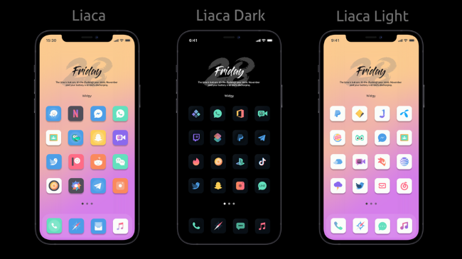 Conjuntos de iconos personalizados de Liaca en las pantallas de inicio del iPhone.