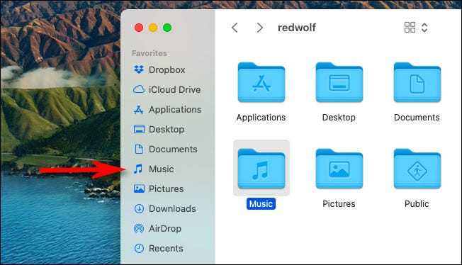 El acceso directo "Música" en la barra lateral "Favoritos" del Finder.