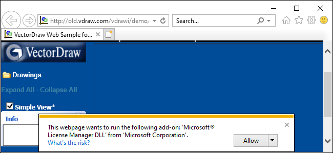 Indicador ActiveX de Internet Explorer 11 en Windows 10.