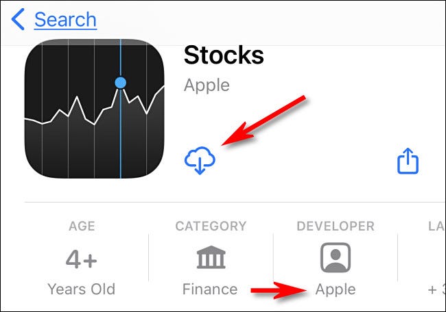 En la App Store, verifique que el desarrollador sea "Apple", luego toque el ícono de descarga en la nube.