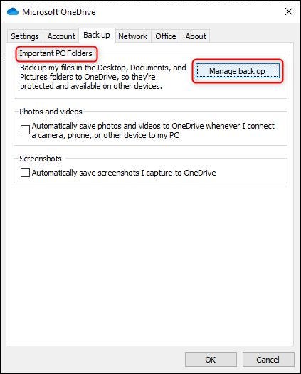 El botón "Administrar copia de seguridad" en la configuración de OneDrive.