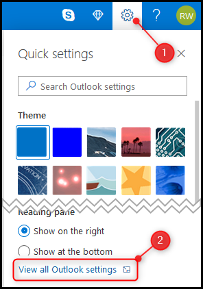 El engranaje "Configuración" y la opción "Ver todas las configuraciones de Outlook".