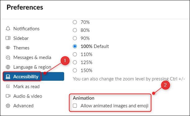 La casilla de verificación "Permitir imágenes animadas y emoji".