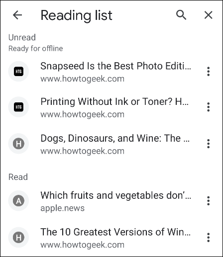 lista de lectura de Chrome en Android