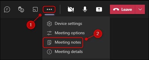 La opción "Notas de la reunión" en una reunión.