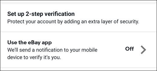 Las opciones "Configurar la verificación en dos pasos" y "Usar la aplicación de eBay".