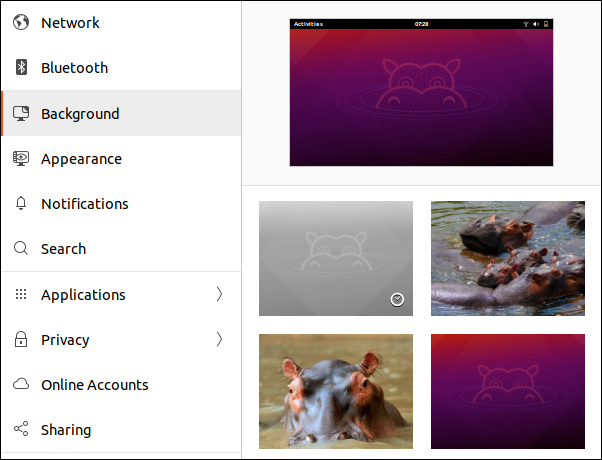 Ventana de selección de fondo de pantalla de Ubuntu 21.04