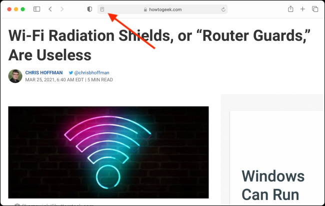Haga clic en el botón Vista del lector en Safari para Mac