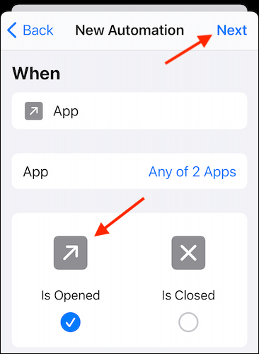 Configure la automatización y toque Siguiente