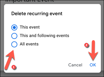 Seleccione si desea eliminar el evento seleccionado o para otros eventos recurrentes, luego presione "OK" para guardar su elección.