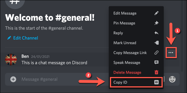 Para copiar una ID de mensaje de Discord, coloca el cursor sobre un mensaje y luego presiona la opción de tres puntos.  Desde el menú, presione la opción "Copiar ID".
