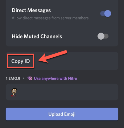 Para copiar una ID de servidor de Discord en un dispositivo móvil, toque la ID del servidor, luego toque "Copiar ID" en el panel de opciones a continuación.