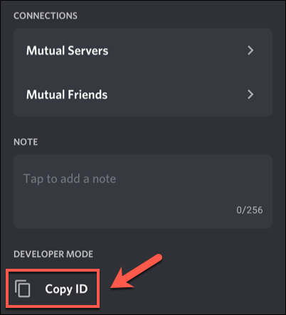 Para copiar una ID de usuario usando el modo de desarrollador, toca el nombre de usuario en la lista de usuarios del canal o en la lista de miembros más amplia de tu servidor, luego toca la opción "Copiar ID".