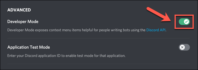 Para habilitar o deshabilitar el modo de desarrollador de Discord, toca el control deslizante "Modo de desarrollador".