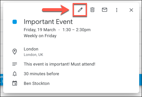 Presione el botón "Editar" para editar un evento de Google Calendar.