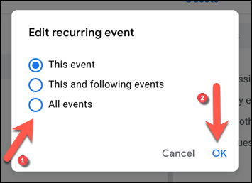 Seleccione una de las opciones para editar un evento singular o recurrente, luego presione "Aceptar" para guardar.