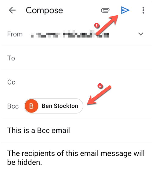 Agregue los destinatarios de correo electrónico que desea ocultar en el cuadro de campo "Cco", luego toque el botón "Enviar" para enviar el mensaje.