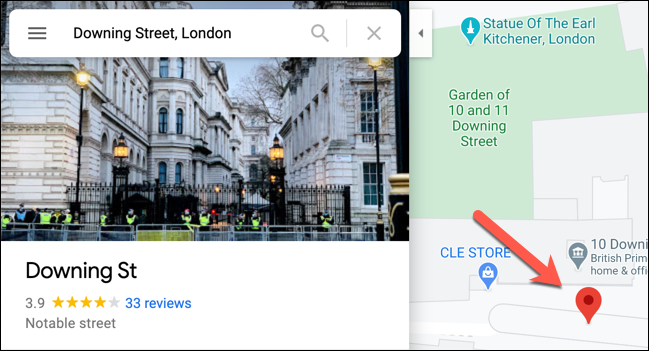 Un ejemplo de un pin caído en Google Maps, con el panel de información a la izquierda.