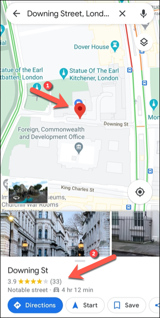 La búsqueda de una ubicación en Google Maps generará un pin colocado en la misma ubicación.  Para ver más información, toque el panel de información en la parte inferior.