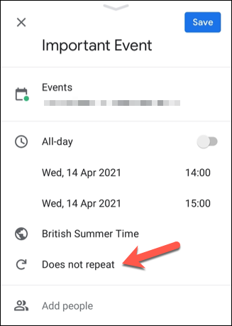 En el menú de detalles del evento, configure la hora, la ubicación y otros detalles importantes del evento, luego toque la opción "No se repite" para establecer la configuración de repetición.