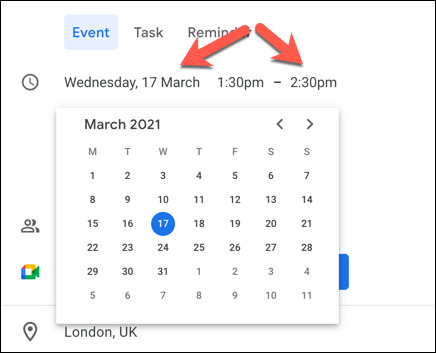 Seleccione los cuadros de fecha y hora para configurar la fecha y hora del evento en Google Calendar.