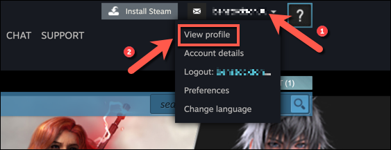 Para abrir su perfil de Steam, abra el cliente Steam o el sitio web y presione el nombre de su cuenta en la parte superior derecha, luego seleccione la opción "Ver perfil".