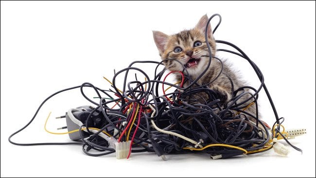 Un gatito que muerde un montón de cables.