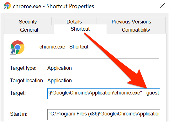 Ventana de propiedades para el acceso directo de Chrome