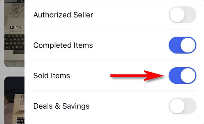 En la aplicación móvil de eBay, activa el interruptor junto a "Artículos vendidos".
