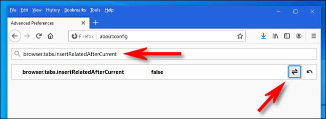Busque "browser.tabs.insertRelatedAfterCurrent", luego haga clic en el botón de alternancia para establecer la opción en "false".