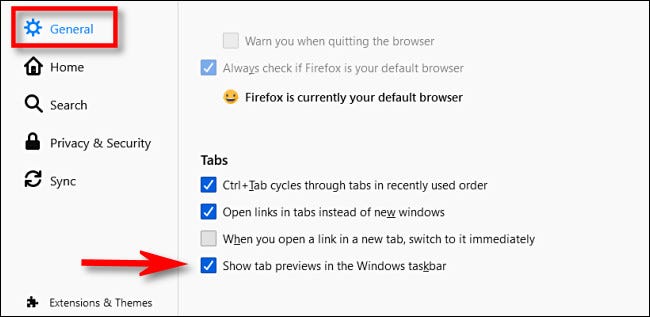 En las opciones de Firefox, coloque una marca de verificación junto a "Mostrar vistas previas de pestañas en la barra de tareas de Windows".