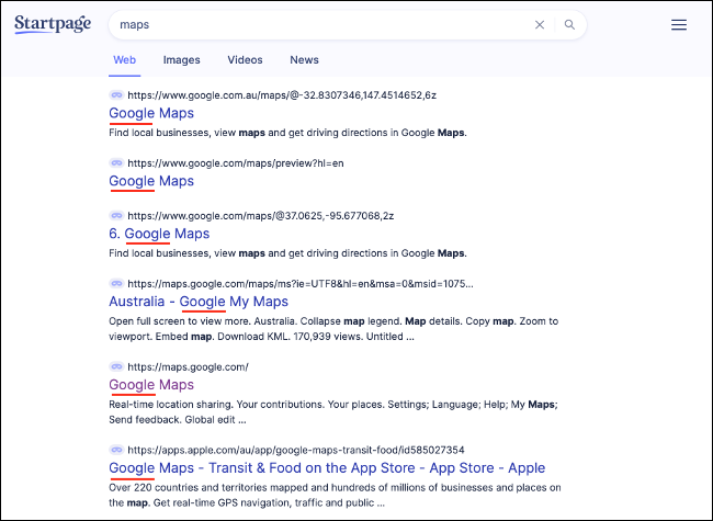 Productos de Google que aparecen en la búsqueda de StartPage