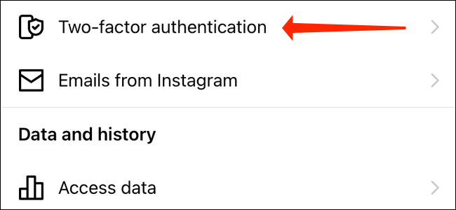 Toque Autenticación de dos factores en la configuración de Instagram