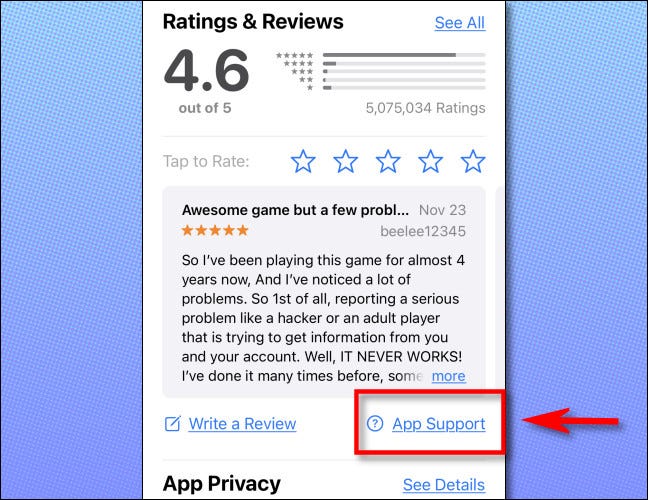 En la página de una aplicación en la App Store, toque "Soporte de aplicaciones".