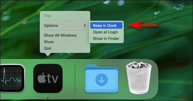 Haga clic con el botón derecho en el icono de la aplicación en el dock y seleccione "Opciones" y luego "Mantener en el Dock".
